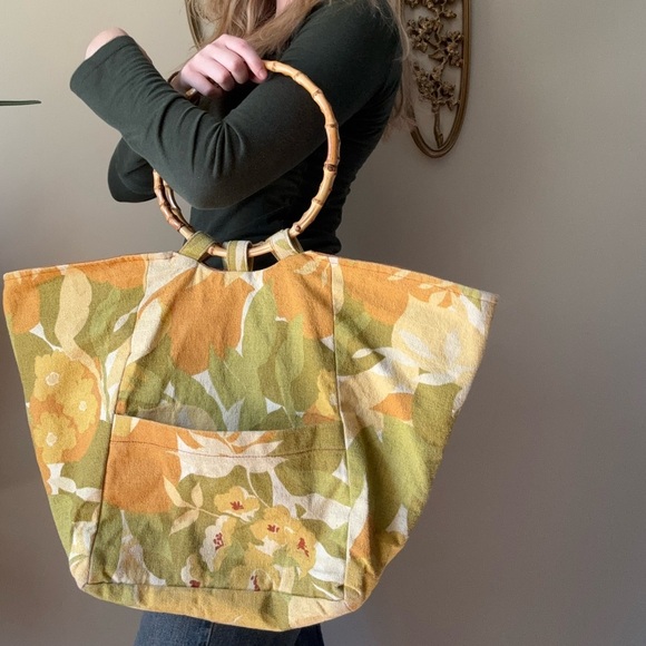 Floral Yellow Tote Bag with Bamboo Handles - Picture 4 of 7